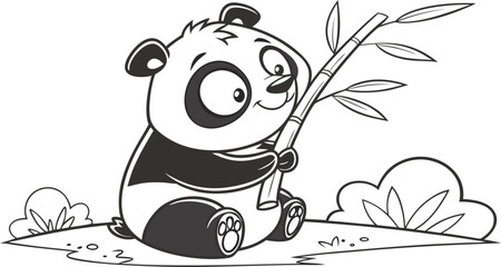 Cute panda sitting and holding bamboo branch cartoon black and white line coloring page © Stock Fire