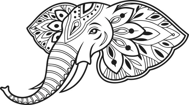 Elephant head mandala coloring page black and white decorative