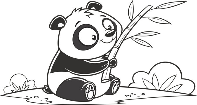 Cute panda sitting and holding bamboo branch cartoon black and white line coloring page