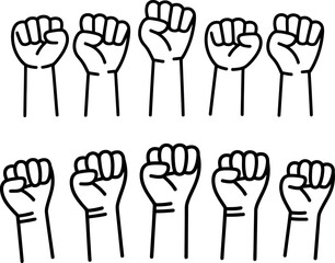 Fototapeta premium Group of black outlined clenched fists raised up in unity and protest symbol
