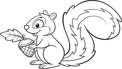 Cute cartoon squirrel holding acorn and leaves black and white © SnappyDesigns
