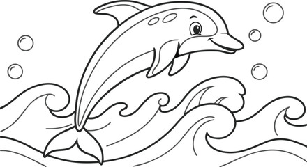 Fototapeta premium Cute dolphin jumping over wave in ocean with bubbles cartoon