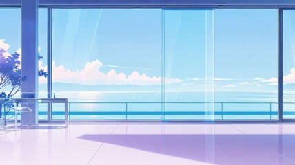 Fototapeta premium Anime Modern Office Background With Floor To Ceiling Glass Windows and Ocean View