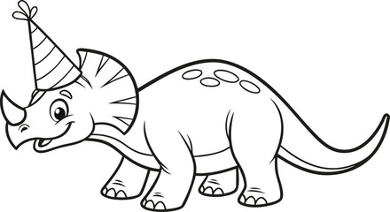 Cute triceratops wearing party hat black and white line dinosaur line coloring page © Stock Fire