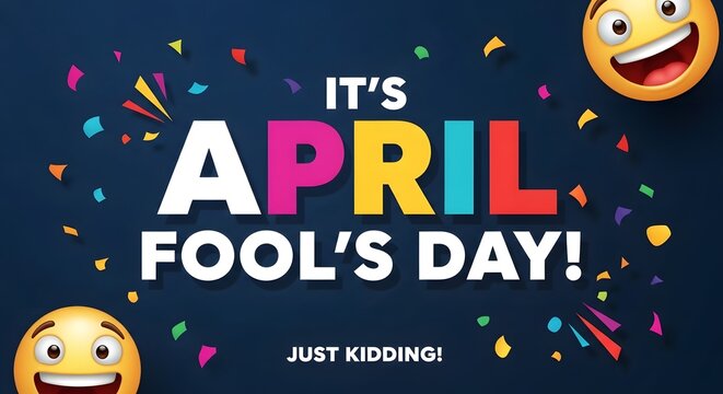 April fools day celebration with colorful confetti and laughing emojis