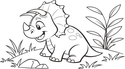 Triceratops baby smiling sitting on rock with plants dinosaur © SnappyDesigns