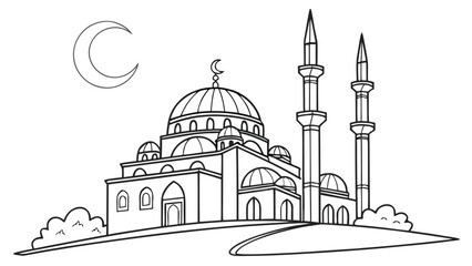 Mosque with crescent moon and minarets coloring page domes arches © Vector KIng