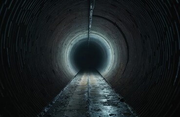 Fototapeta premium Endless dark tunnel interior with corrugated metal walls and wet pathway. A stark perspective leading into deep shadow and mysterious unknown abyss.