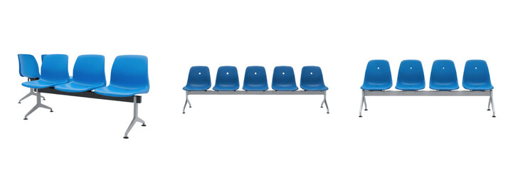 Obraz premium Set of blue waiting room chairs collection isolated on transparent background plastic airport seating bench png