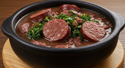 A close-up shot of a bowl filled with sliced sausages and herbs in a savory broth on a wooden plate
