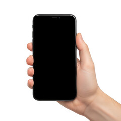 A hand holding a modern smartphone with a black screen