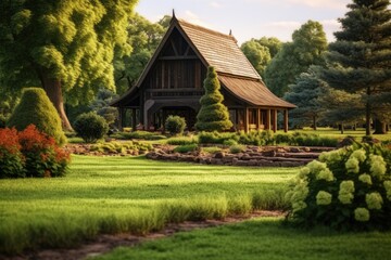 Fototapeta premium A picturesque house situated in the middle of a vibrant, green field. Perfect for nature lovers and those seeking tranquility in rural landscapes..