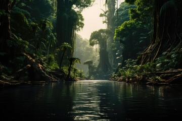 Fototapeta premium A peaceful body of water surrounded by towering trees in a lush forest. This picturesque scene is perfect for nature enthusiasts and outdoor enthusiasts alike..