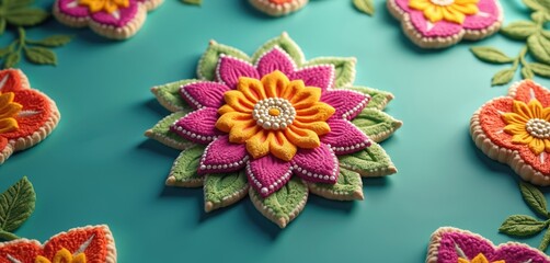Obraz premium Colorful flower shaped cookies arranged on teal surface. Festive food for Indian celebration decorated with bright icing. Sweet dessert treats for Diwali party.