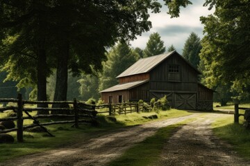 Obraz premium A picture of a barn situated alongside a dirt road. This image can be used to depict rural landscapes or rustic settings..