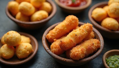 Assortment of Brazilian savory snacks. Crispy fried cheese sticks and small breaded balls sit in rustic bowls. A small dish holds green sauce beside the food.