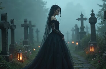 Naklejka premium Dark gothic bride in black lace gown poses in foggy graveyard. Tombstones and lanterns create mysterious atmosphere. Woman wears veil and crown, looking serious.