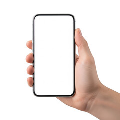 A hand holding a blank smartphone displaying a white screen