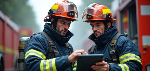 Fototapeta premium Two firefighters in full gear use tablet. They stand near fire truck during operation. Teamwork and tech help them fight fire effectively and safely.