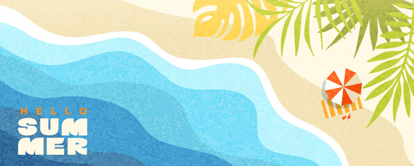 Greeting summer horizontal banner.Wavy sea, beach with sand, beach umbrella for great holiday. Happy summer textured theme. Bright positive vibe design. Template for sales, posters, covers, ads.Vector © tandav