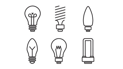 Light bulbs icon set showing Edison, spiral, candle, and tube incandescent lamps featuring lamp, bulb, collection with fluorescent and CFL elements
