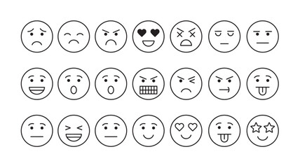 Emoji faces icons with various expressions and emotions depicted in a simple line art style, suitable for digital communication.