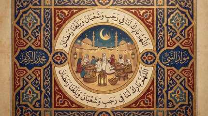 Obraz premium Traditional Islamic art depicting marketplace scene with moon 