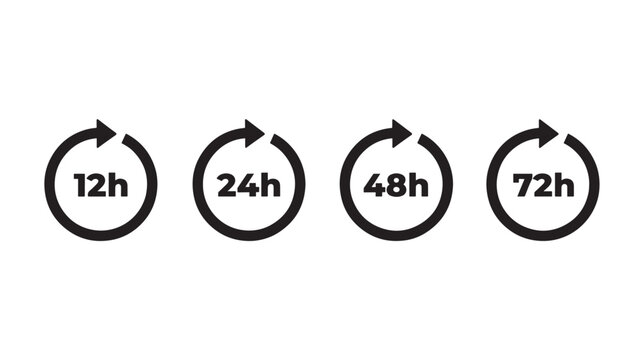 Hour circle icons with arrows showing 12h, 24h, 48h, and 72h durations with bold black numbers and outlines on white.