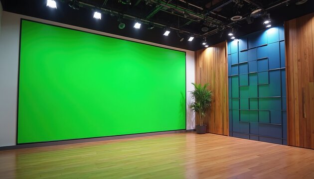 Modern broadcast studio with large green screen wall, wood accents. Includes textured blue backdrop, overhead lighting. This space is perfect for video production content creation, virtual sets.