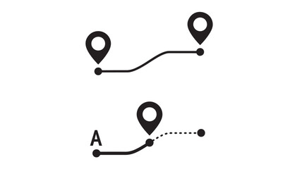 Location pins with connected route lines and starting point 'A' mark on white background featuring pin, map, navigation with path and journey © MissBeauty