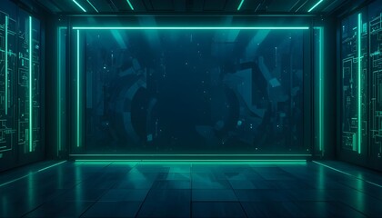 Obraz premium Futuristic laboratory with neon green lights and dark techno background