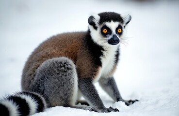 Fototapeta premium Ring-tailed lemur sits in snow, its distinctive black and white tail curled. Wild primate has bright orange eyes and curious expression, looking directly forward, emphasizing its unique face and fur.