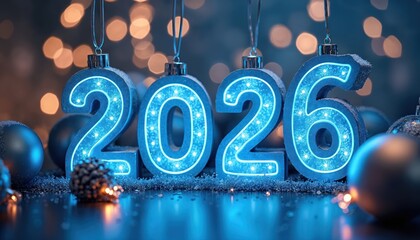 Obraz premium Blue glowing number ornaments spell out 2026. Festive decorations include pinecone and baubles. Blurred lights create bokeh background. New Year celebration concept.