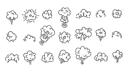 Clouds hand drawn set with black outline and abstract shapes on a white background, comic style featuring cloud, smoke, explosion with boom and