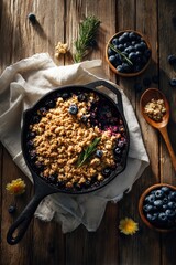 Delicious homemade blueberry crumble in a cast iron skillet, served on a rustic wooden table with fresh blueberries and nuts.