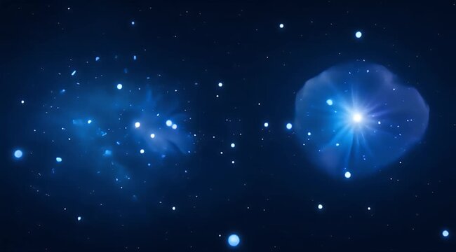 Blue starbursts and glowing orbs drift through a dark, speckled expanse