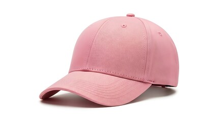 Fototapeta premium Pink baseball cap with textured fabric and curved brim on white background, isolated fashion accessory for casual wear and outdoor activities.