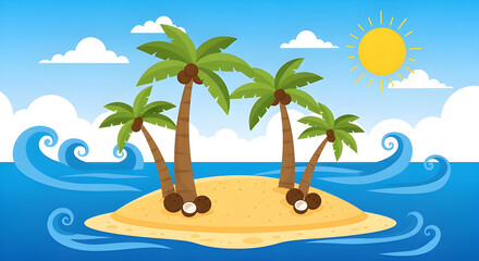 Obraz premium A picture of a tropical island or beach scene during the day with coconut trees bearing fruit and a clear blue sky with clouds. A cartoon-style scene.