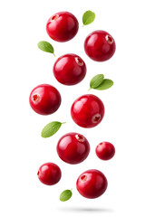 Obraz premium Cranberries are seen suspended in the air with small green leaves. The berries are bright and round, showing their rich color and freshness. This setup highlights their natural beauty