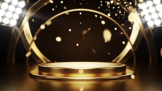 A golden podium with confetti falling, illuminated by stadium lights, in the style of a cinematic award ceremony presentation product fancy