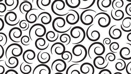 Swirls black graphic pattern with varied sizes on a white background, creating a dynamic and abstract visual.