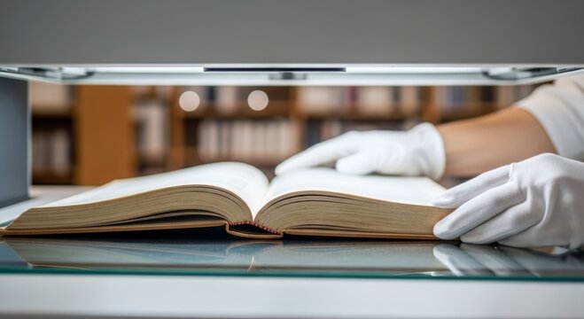 Archivist wearing white glove reading antique book in library. Researcher preserving historical literature, documents and manuscripts. Expertise in archival science and education.