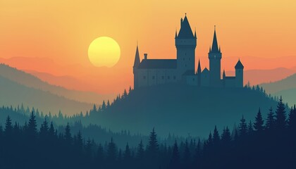Naklejka premium Gothic castle silhouette on hill at sunset. Majestic ancient architecture with towers and spires over misty forest landscape. Evening sky glows with warm orange.