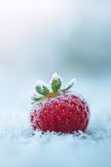 A serene, macro photograph of a single, ripe red strawberry sitting in a bed of fine white snow