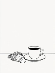 Minimal Coffee and Croissant Illustration Perfect for Scandinavian Cafe Design and Modern Website With Empty Copy Space for Text