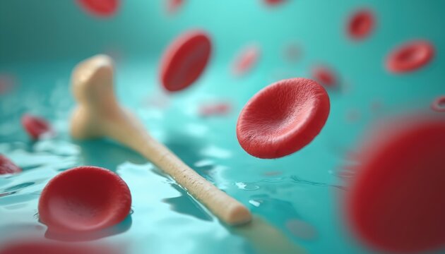 Red blood cells and femur bone rendered in 3D. Erythrocytes float in turquoise liquid near bone tissue, illustrating biology and medical science concepts.