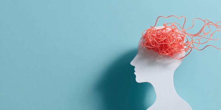 Caucasian female adult bust with tangled orange brain wires on blue background conceptual mental chaos