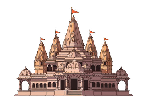 Illustration of a multispired Hindu temple structure with orange flags