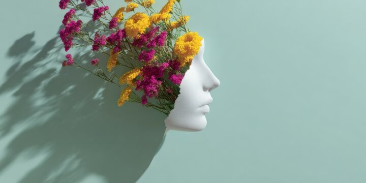 Silhouette female caucasian adult flowers yellow and magenta blooms bursting from head on mint background dramatic shadow botanical portrait