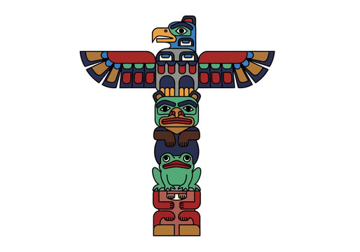 Stylized colorful totem pole featuring an eagle bear frog and human figures
